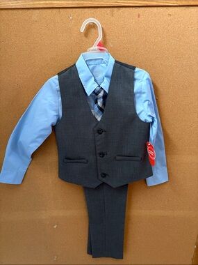 Boys Charcoal Vest Suit Set with Light Blue Shirt & Plaid Tie